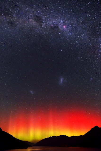 Aurora, Milky Way Galaxy, Large Magellanic Cloud Galaxy and Small Magellanic Cloud Galaxy seen over New Zealand