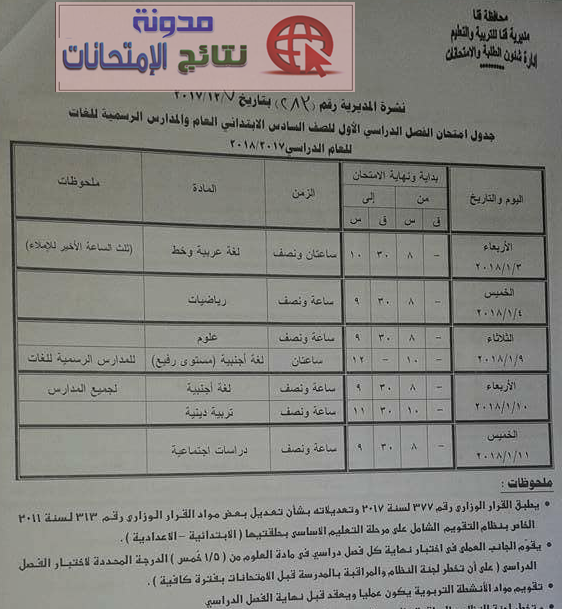 جداول إمتحانات الترم الاول بمحافظة قنا 2018 بالصور