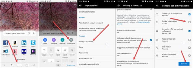 come eliminare i dati di navigazione da microsoft edge per il mobile