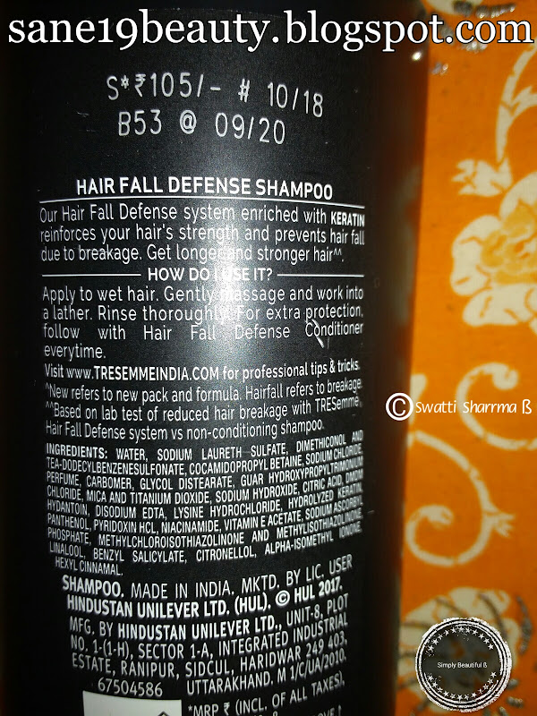 Safety information on TRESemmé Hair Fall Defense Shampoo.