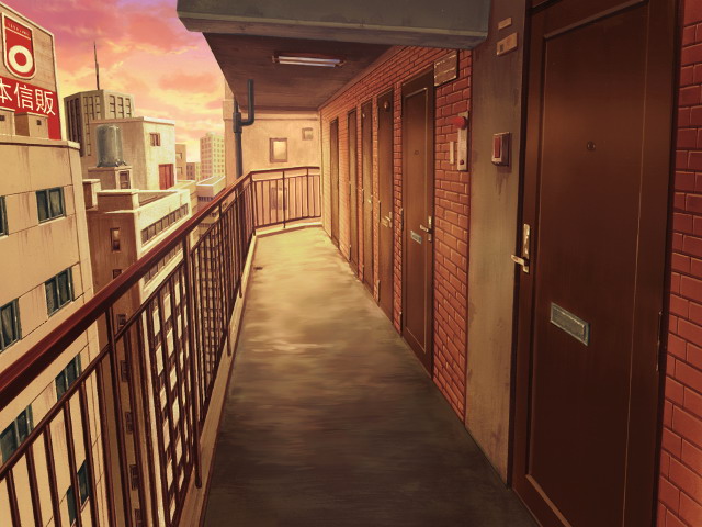 Building Outside Hallway (Anime Background) (sunset)