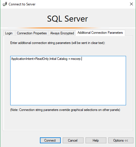 Read-Only Routing Connection parameters on SSMS