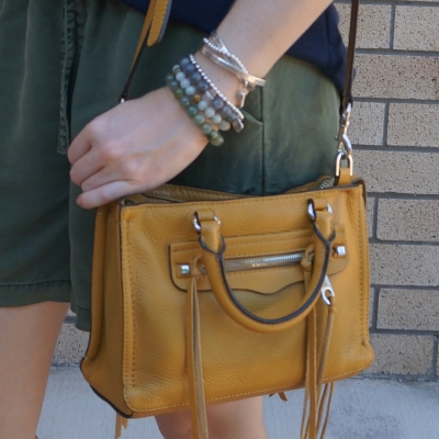 olive embroidered shorts with Rebecca Minkoff micro Regan satchel in Harvest Gold | awayfromtheblue