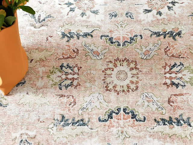 COLLACT Area Rug 5x7 Persian Rug Vintage Distressed Blush Pink Entrance Chenille Thin Rug Floral Print Carpet Non Slip Boho