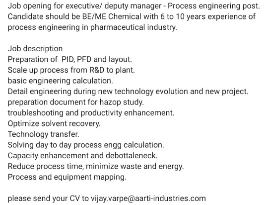 Job Availables, Aarti Industries Job Opening For BE/ ME Chemical - Process Engineering