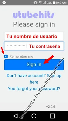 UtubeHits. Visitas a YouTube. Android. Registro.