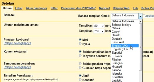 Mengganti bahasa di Gmail
