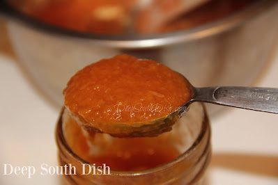 Fresh peaches, softened, pureed and stewed for a fruit spread that is summer in a jar.