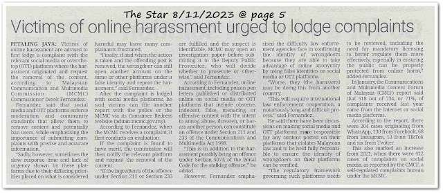 No more hiding behind a screen ; Victims of online harrassment urged to lodge complaints - Keratan akhbar The Star 8 November 2023