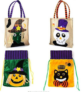 ZALALOVA Halloween Tote Bags, 4Packs Trick or Treat Bags Reusable Linen Halloween Goodie Bags Halloween Candy Bags Drawstring Halloween Bags for Theme Party Favors Decorations