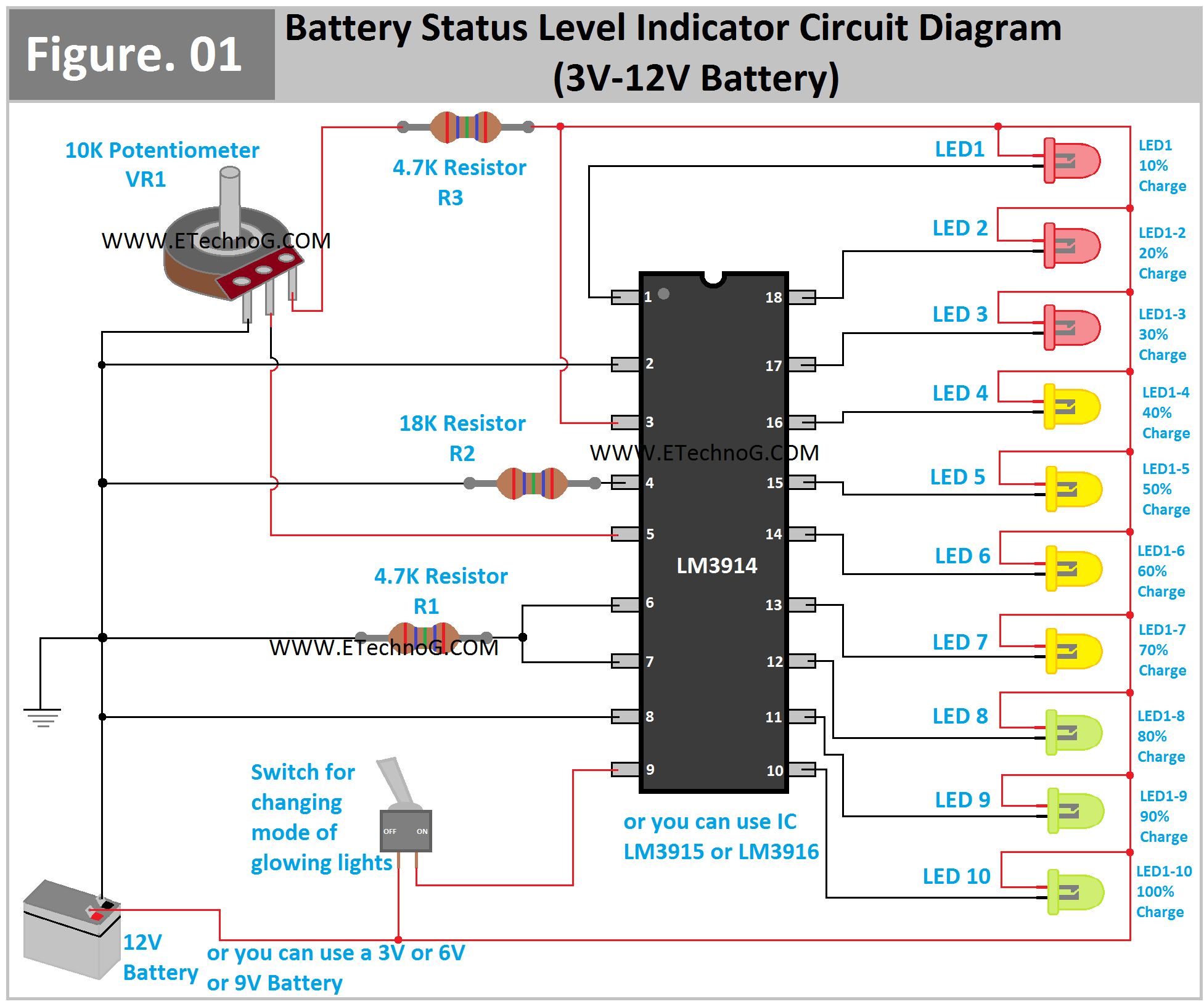 Battery Status or Level Indicator Circuit Diagram