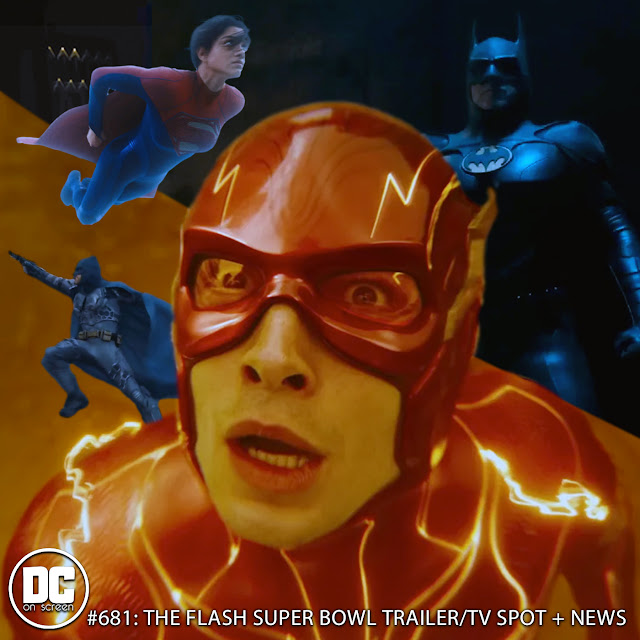 The Flash (Ezra Miller), Supergirl (Sasha Calle) and Batman (Michael Keaton)