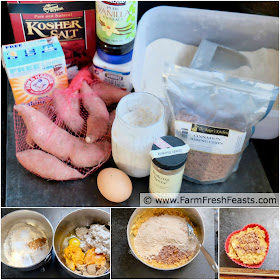photo of ingredients used to make sweet potato casserole muffins along with images of how to make sweet potato casserole muffins