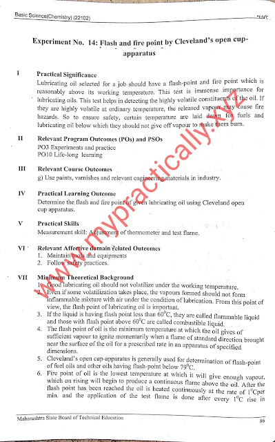 Practical answers related to your MSBTE manual answers for MSBTE diploma manual and answers MSBTE lab manual answers here  In today's article you will get specified Practical answers of first year first semester all program basic science chemistry practical number 14 flash and fire point by Clevelands open cup apparatus.