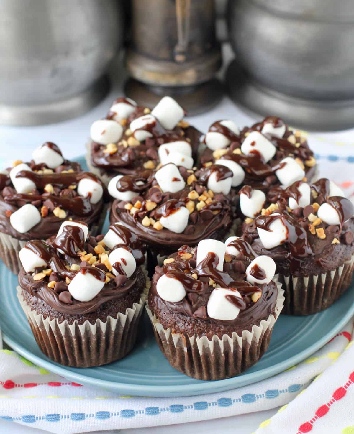 Rocky Road Cupcakes on a blue plate.