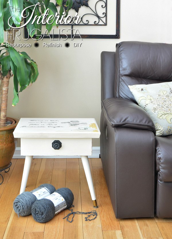 A unique vintage mid-century modern wood sewing or knitting box table with hinged lid and hidden sewing storage makeover with one-of-a-kind typography.