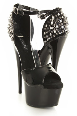 Black Patent Faux Leather Pyramid Studded Open Toe Platform Heels 