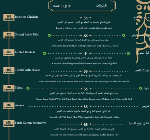 منيو مطعم نارنج دمشق الخبر
