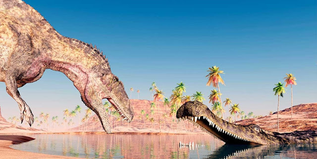 Цифровая реконструкция динозавра акрокантозавра и доисторического крокодила саркозуха или суперкрока