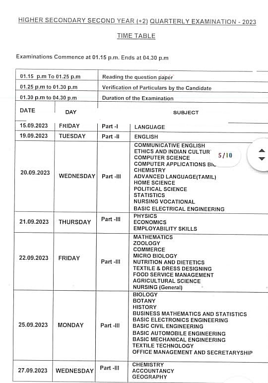 12th Quarterly Exam Time Table 2023