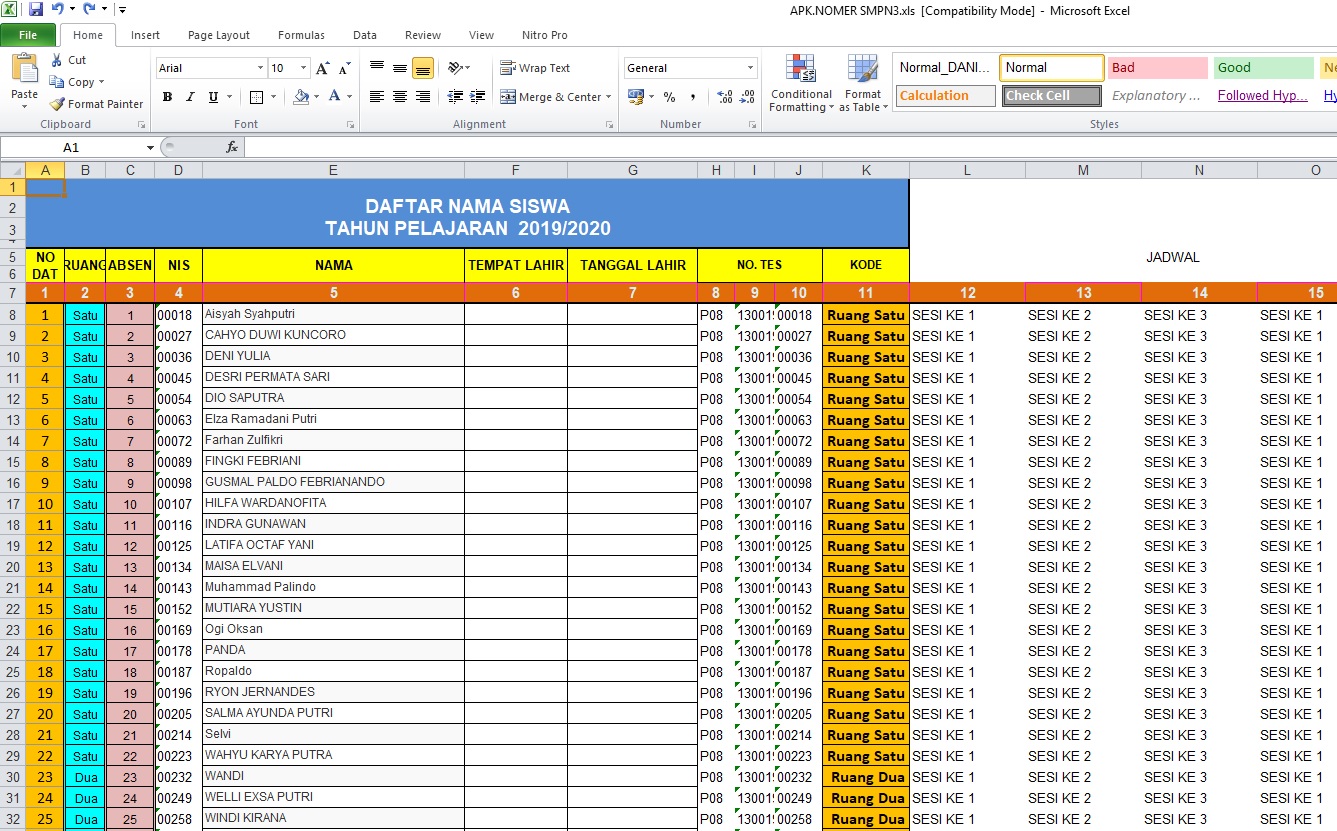 Cara Membuat Kartu Peserta Ujian  dan Nomor  Meja  Excel 