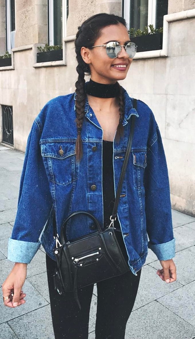 street style obsession: denim jakcet + bag + top + black jeans