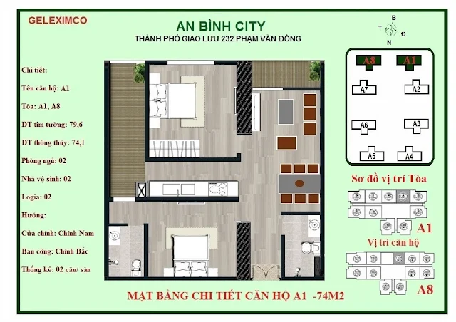 Mặt bằng thiết kế căn hộ A1 - 74m2 An Bình City