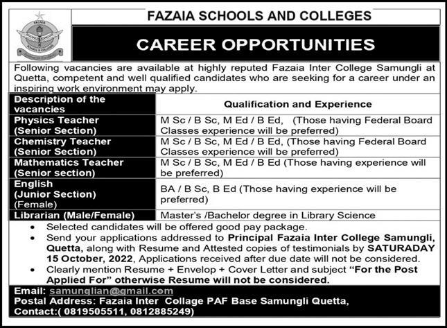 Latest Fazaia Schools and Colleges Teaching Posts Quetta 2022