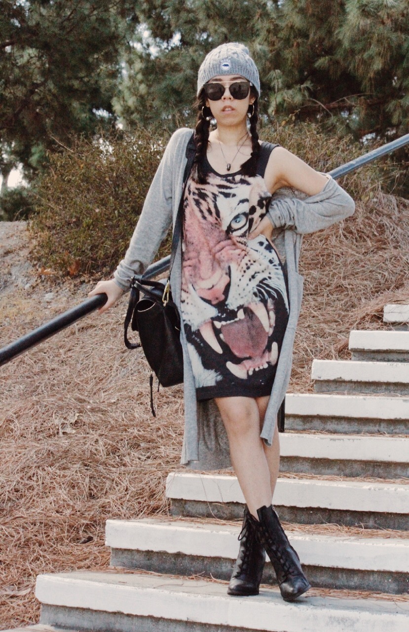 Adrienne Nguyen_Beanie Fashion_Beanies and Braids with Hoops_Tungsten Ring Necklace_Zara Tiger Animal Print Tank Top Dress_What to Wear to Summer School