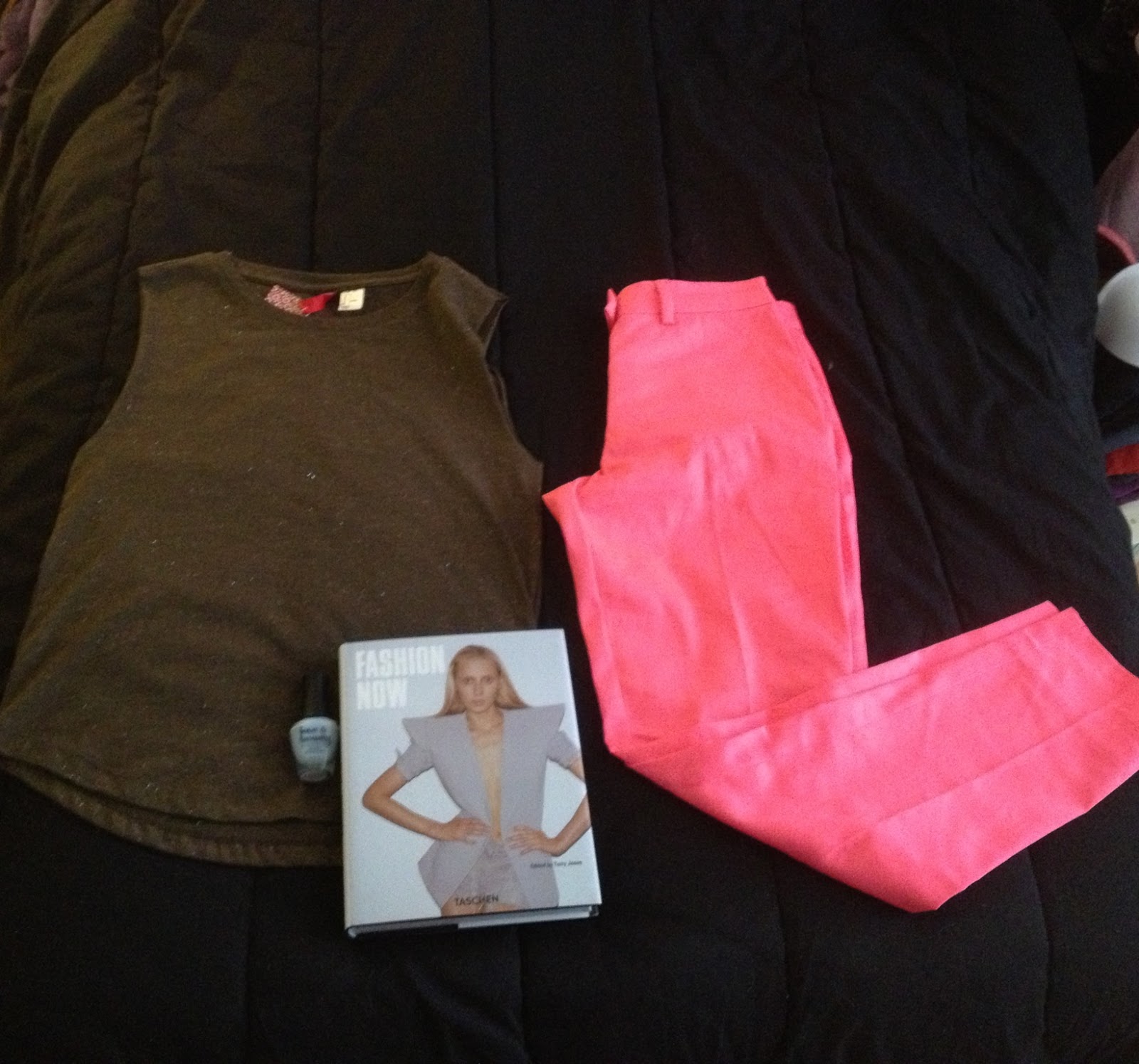 Army green muscle tee, bright pink trousers and Fashion Now book-H&M