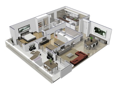  Bedroom House Plans on Bedroom Apartment Plan Seen From An Isometric View And Below A Two