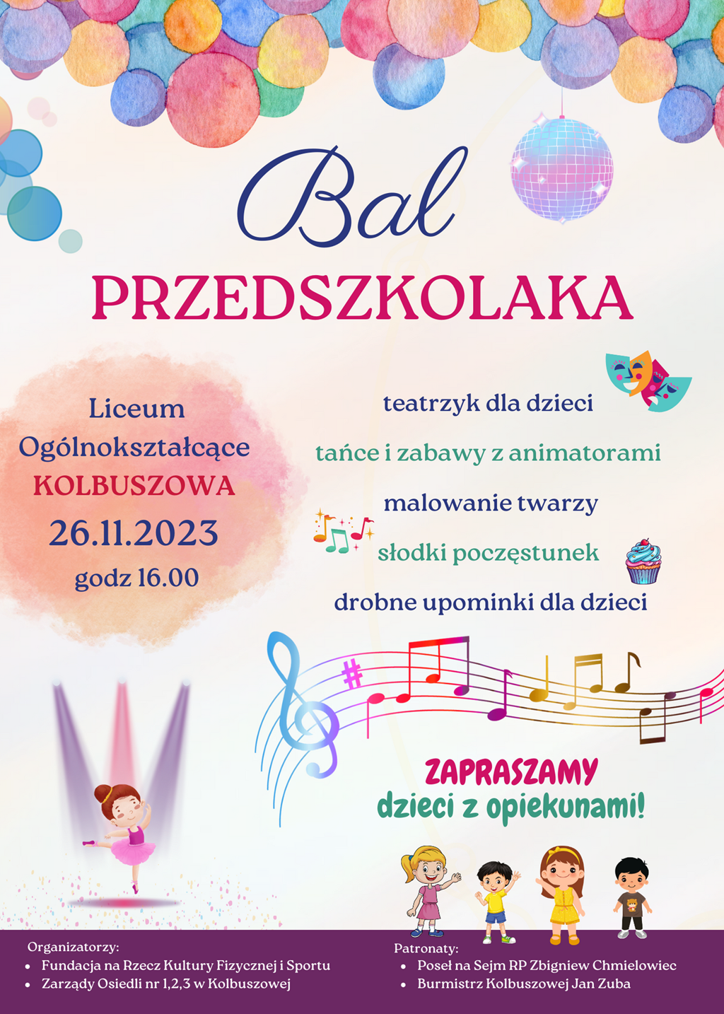 W Kolbuszowej odbędzie się Bal Przedszkolaka. Sprawdź, jakie atrakcje czekają na maluchów - plakat. 