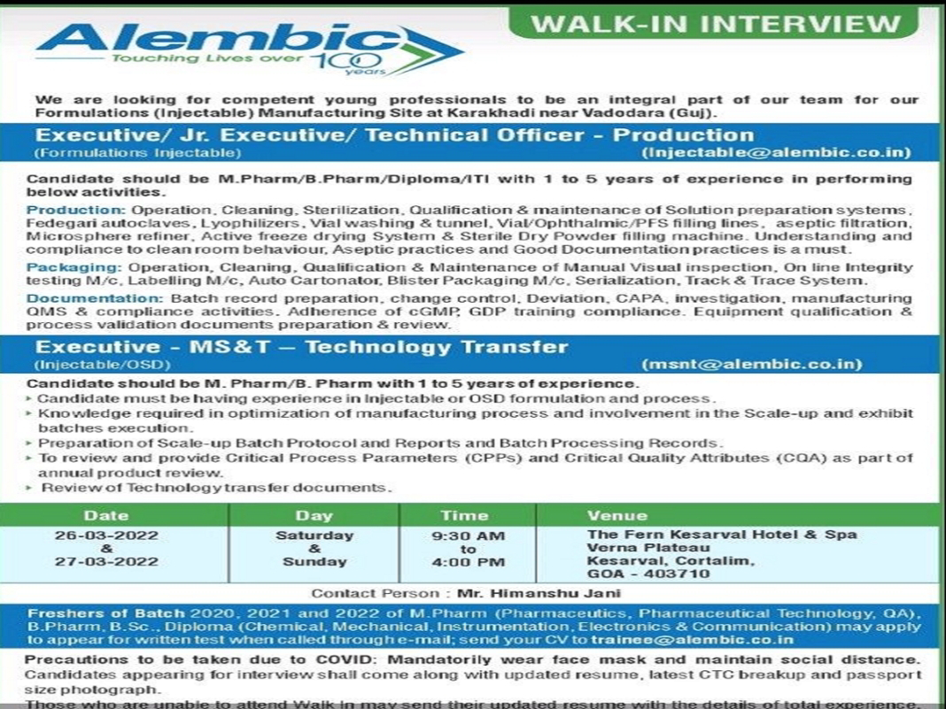 Job Availables,Alembic Pharmaceuticals Walk-In-Interview For B.Pharm/ M.Pharm/ Diploma ( Chemical/ Mechanical/ Instrumentation/ Electronics & Communication)/ ITI/ BSc- Freshers/ Experienced
