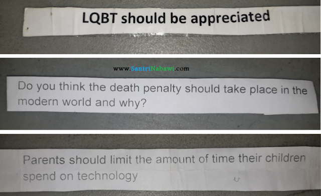 Topik Speaking menyampaikan pendapat tentang LGBT, Hukuman Mati, dan Pembatasan Teknologi Bagi Anak-Anak.