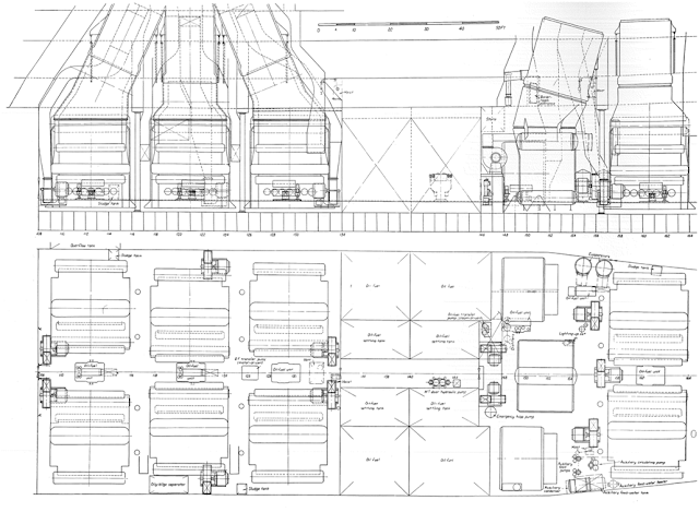 rms EMPRESS OF BRITAIN Elevation and plan of boiler rooms up to the ER bulkhead