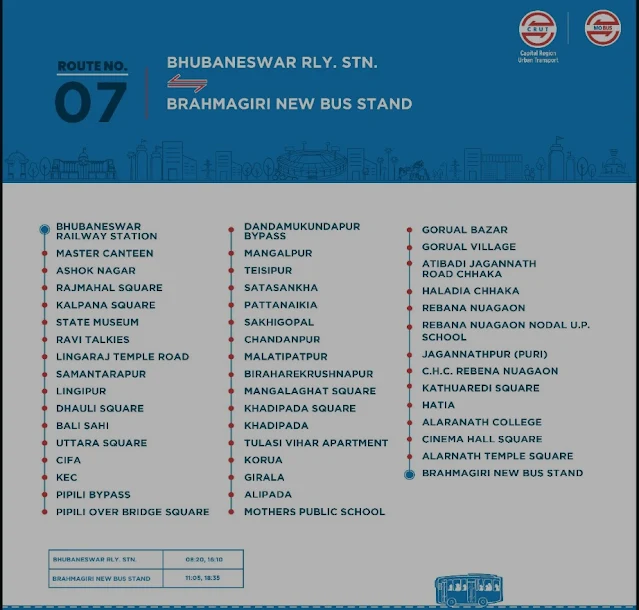 Mo Bus Route 7, Timetable from Bhubaneswar Railway Station to Brahmagiri Alarnath Temple Puri