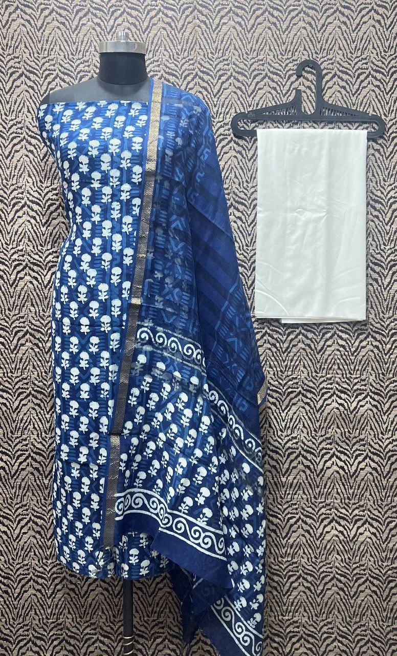 Block print pure maheshwari silk suits