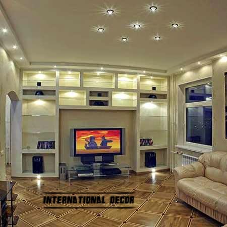 living room lighting with gypsum shelves