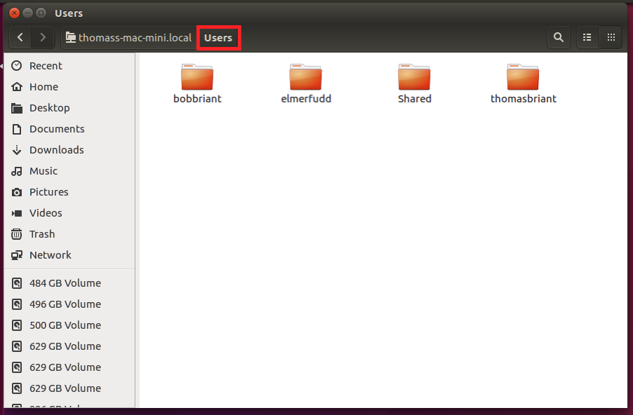 Nautilus file manager showing my four user accounts
