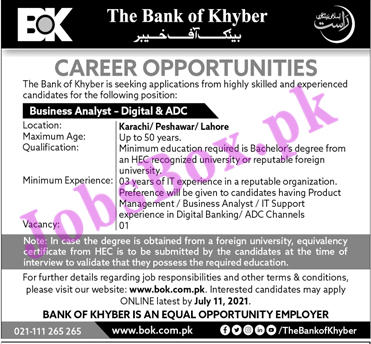 Bank of Khyber BOK Jobs 2021 – Online Apply via www.bok.com.pk