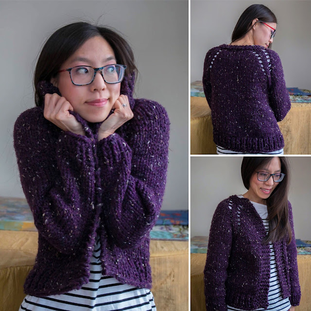 Three image collage of an Asian woman wearing a tweedy rich purple cardigan over a cream and black striped top.