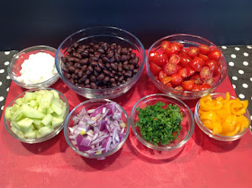 black beans , chopped red onion, cucumber, 
