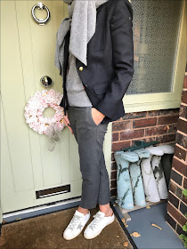 My Midlife Fashion, Zara cashmere scarf, the white company ultimate oxford flannel trousers, J crew rhodes wool blazer, golden goose superstar trainers, H&M cashmere mix crew neck jumper
