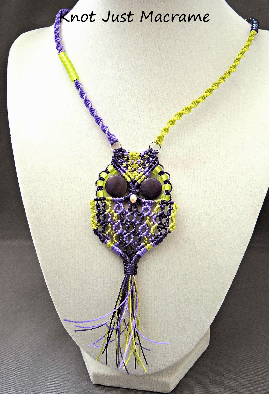 Micro macrame owl necklace by Sherri Stokey of Knot Just Macrame