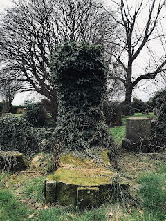 A photo of a large gravestone covered in ivy and looking almost like some cuddly toy.  In front of it lies a fallen gravestone covered in green moss.  Photograph by Kevin Nosferatu for the Skulferatu Project.