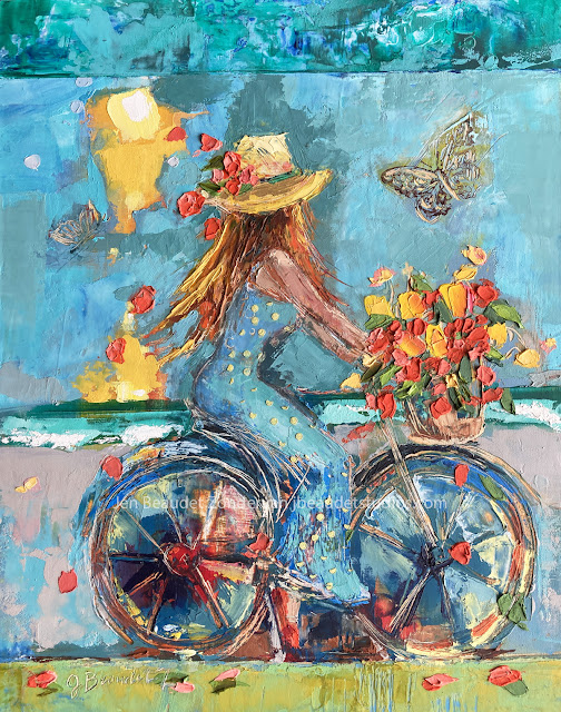 oil painting of girl on a bike by the beach whimsical