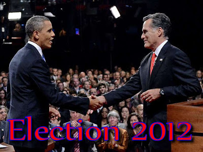 Obama and Romney shaking hands in an election pose