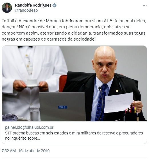 Randolfe Rodrigues critica postura de Toffoli e Alexandre de Moraes em 2019