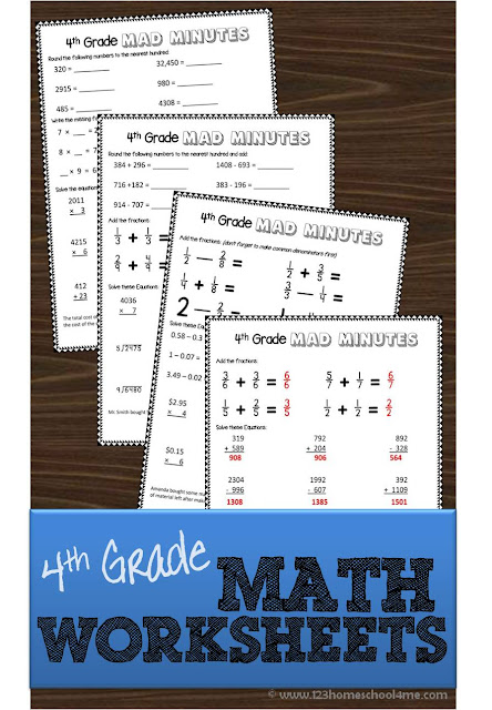 FREE math worksheets - These 4th grade worksheets are free, printable, and are great for extra practice, math centers, summer learning for forth graders (addition, subtraction, multiplication, division, fractions, story problems and more) 