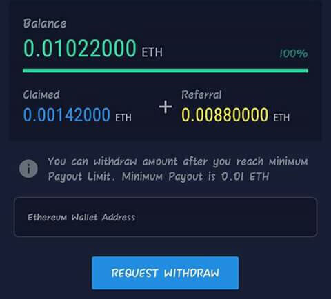 Untuk minimal Withdraw dari aplikasi Freeth adalah 0,01 ETH, jika anda sudah mencapai minimal Withdraw, maka anda sudah bisa melakukan penarikan dan anda akan diminta untuk mengisi alamat Ethereum lalu jika sudah silahkan pilih "Request Withdraw".